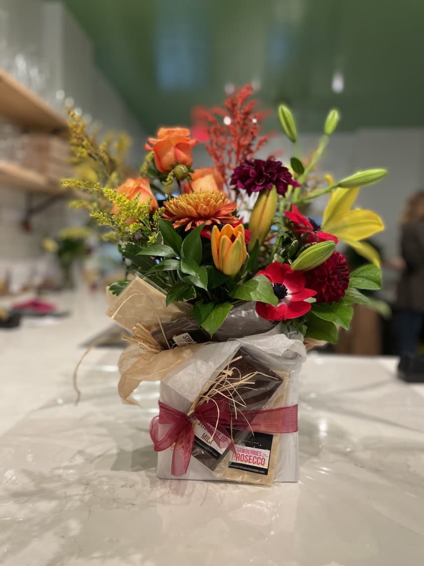 flower bouquet and chocolate