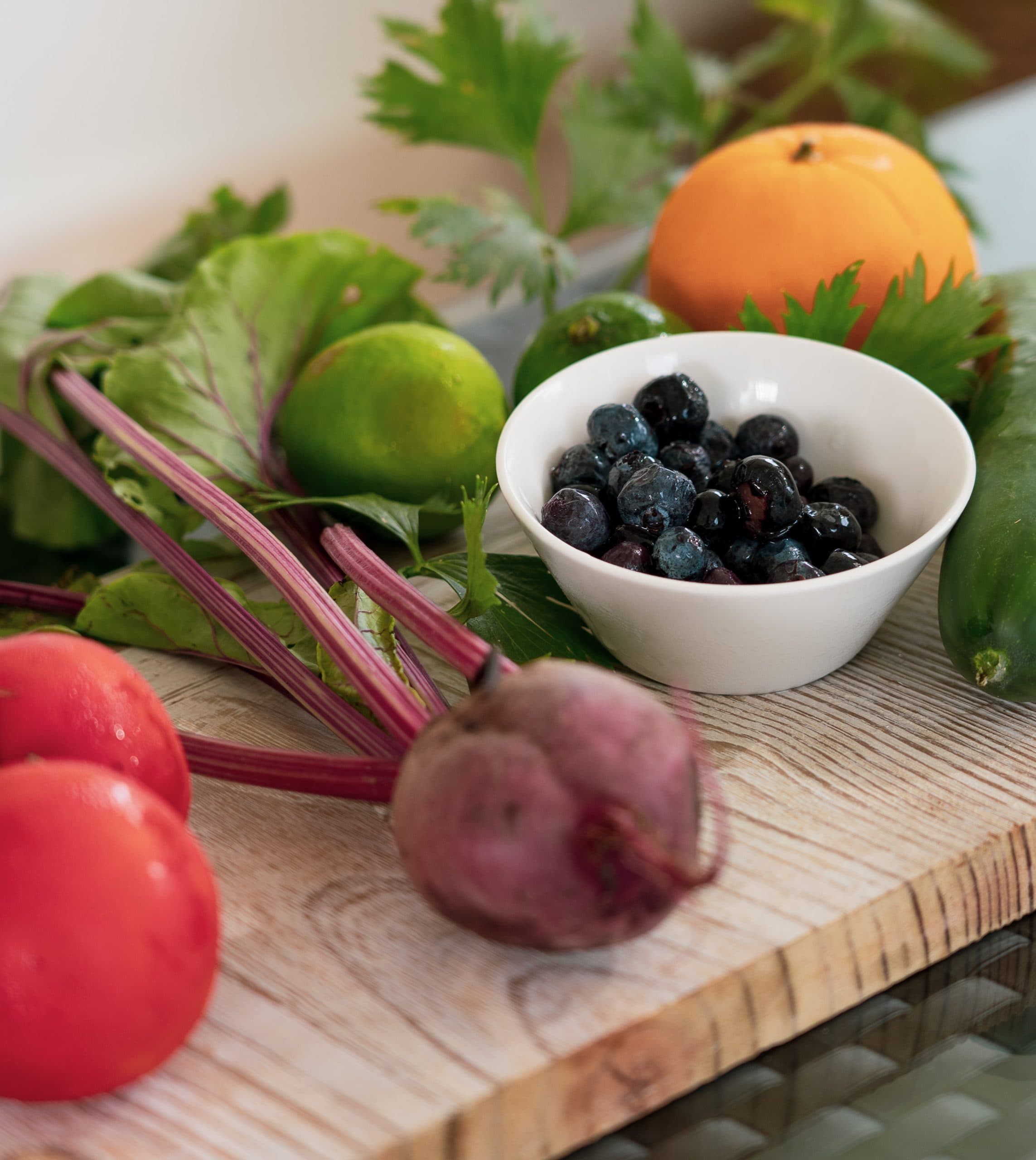 Fruit and vegetables on table